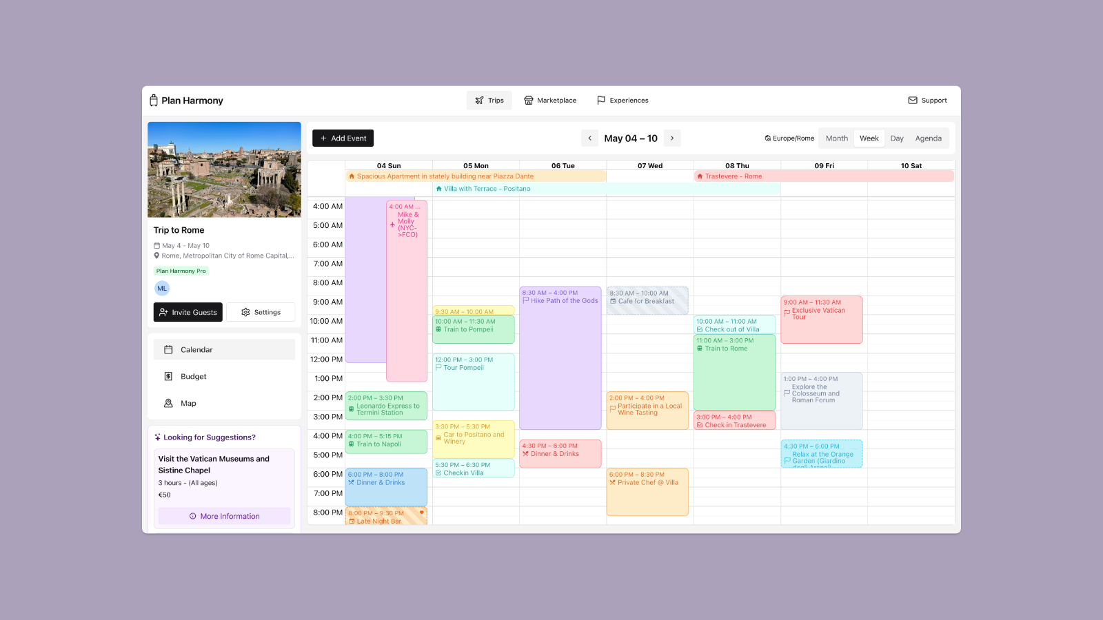 Trip Itinerary as a Calendar