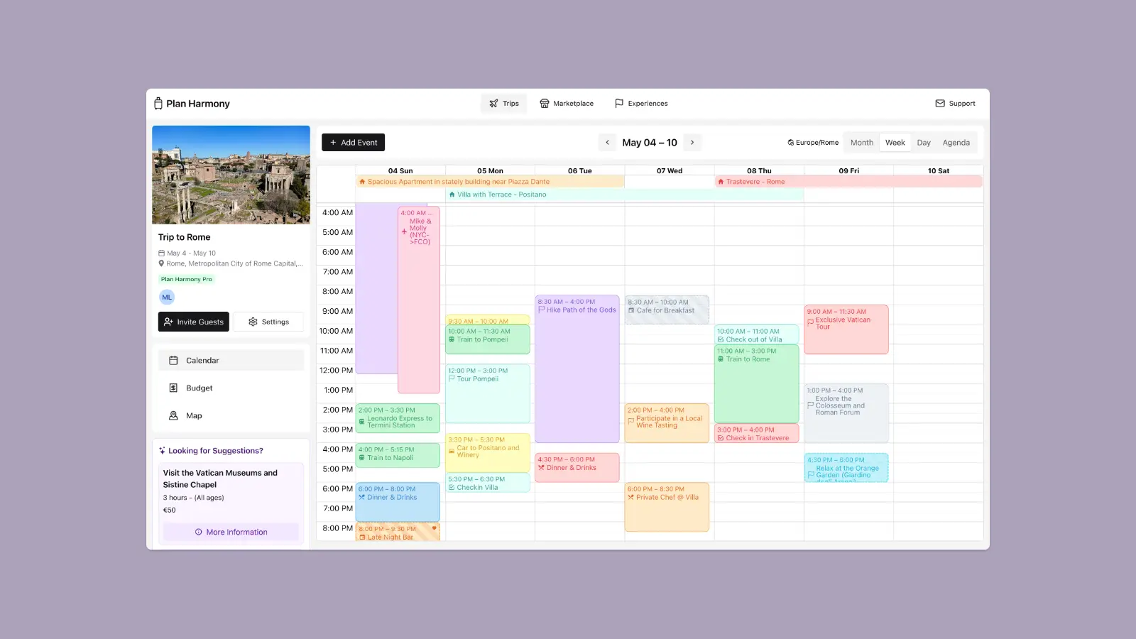 Organize your trip on a calendar